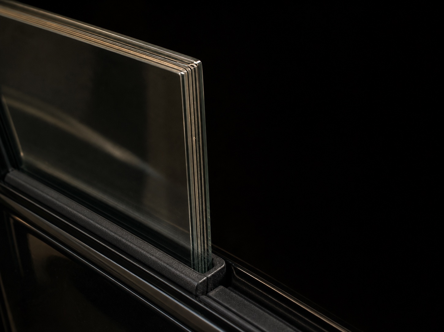 A laminated ballistic glass pane rising from the window channel, its stacked layers visible along the top edge.