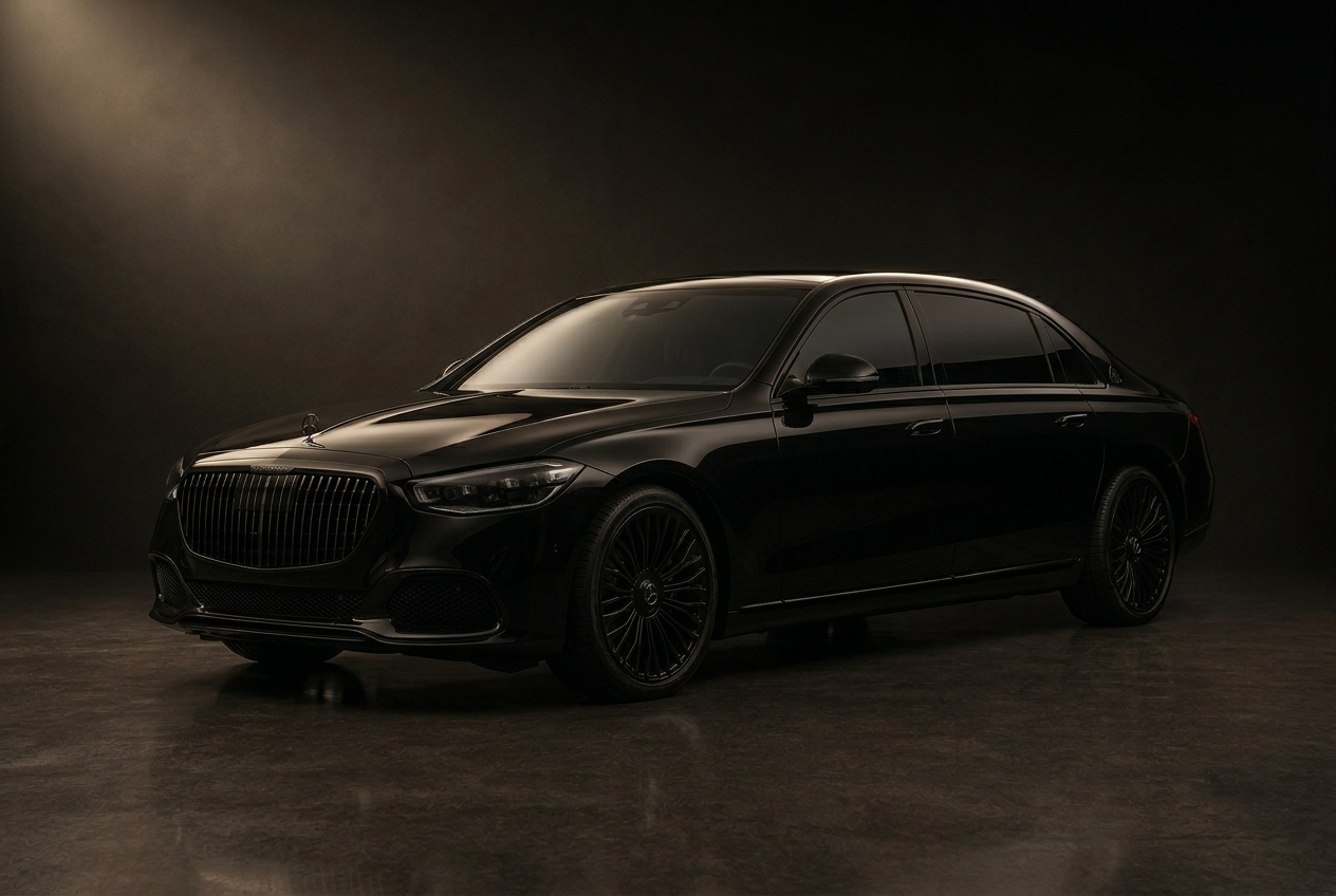 Black long wheelbase executive sedan, front three quarter view in a dark studio