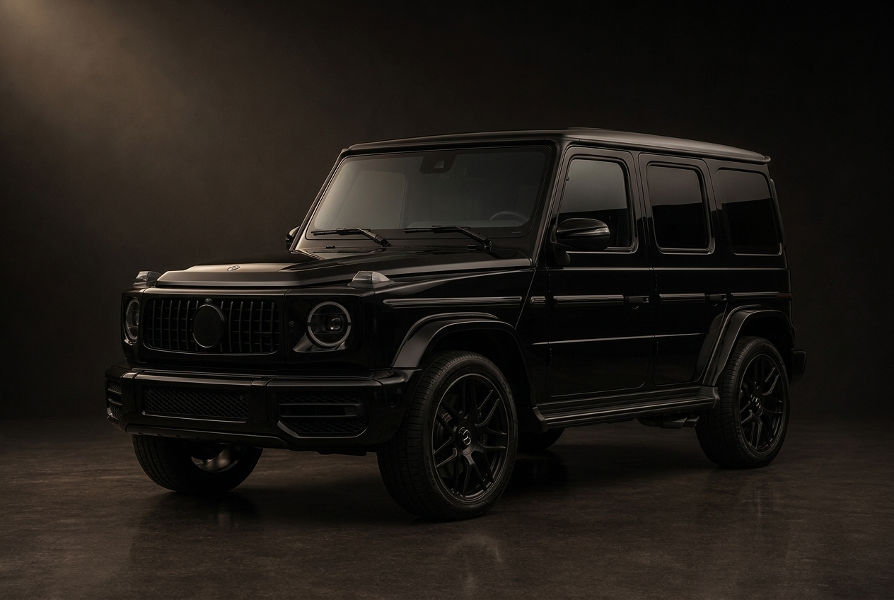 Black boxy high performance luxury SUV, front three quarter view in a dark studio