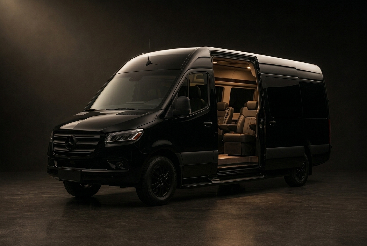 Black executive shuttle van with the side door open on a warm lit passenger cabin